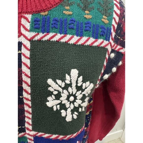 Vintage Patchwork Knit Sweater Snowflake Skiing Christmas Holiday Ugly Sweater - Picture 4 of 9